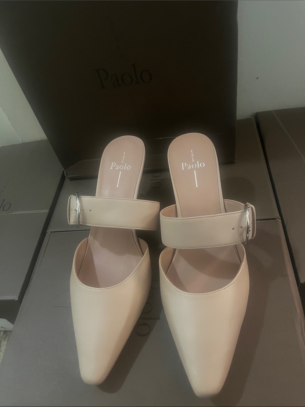 Linea Paolo Cynthia Women's Nude Pointed Buckle Strap Mules
